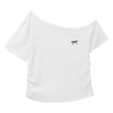 ワンショルダーリボン刺繍Tシャツ