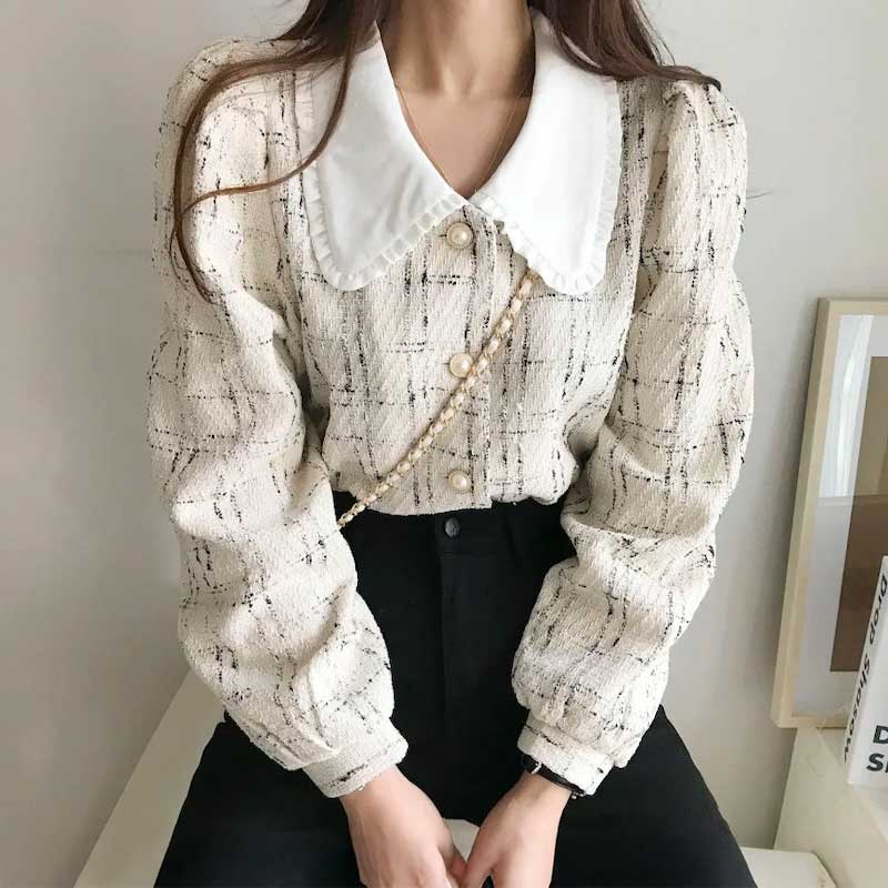 フリルカラーツイードボタントップス