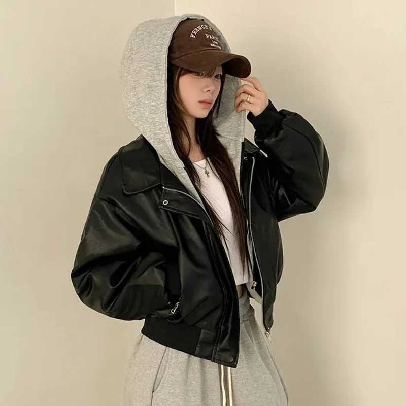 レイヤードフードレザーブルゾン