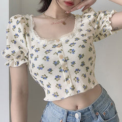 小花ワッフルパフトップス